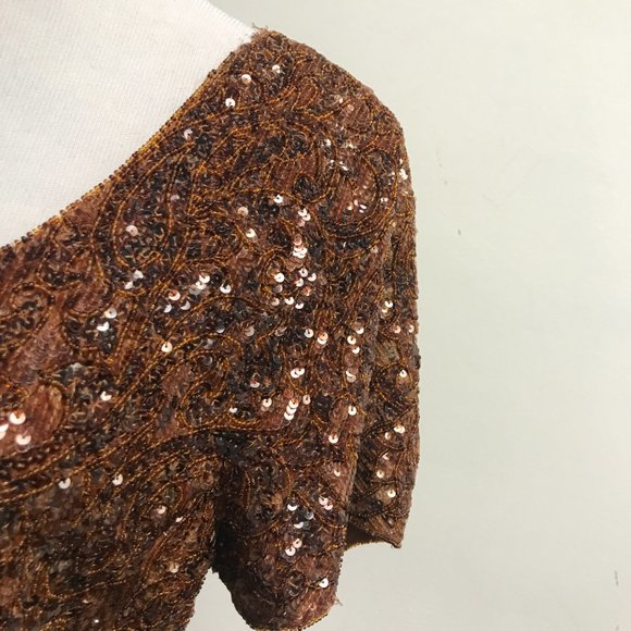 Vintage sequin beaded paisley print short sleeve top Italy crop silk M - Picture 3 of 9